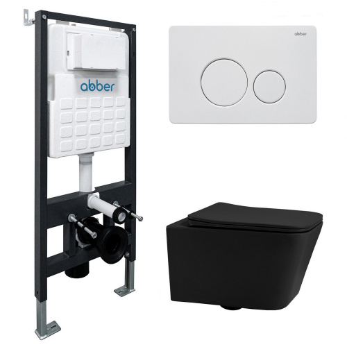 Комплект ABBER: подвесной унитаз Rechteck AC1201MB черный матовый, инсталляция AC0105, клавиша AC0121MW белая матовая