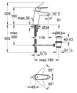 Смеситель для раковины Grohe Eurodisc Cosmopolitan 33190002 хром, донный клапан