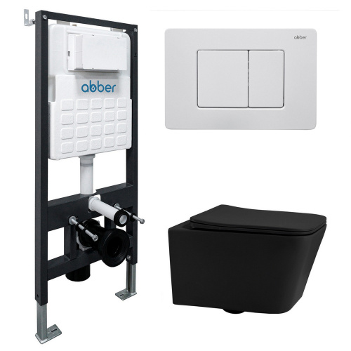 Комплект ABBER: подвесной унитаз Rechteck AC1201MB черный матовый, инсталляция AC0105, клавиша AC0120MW белая матовая