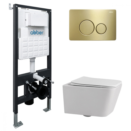 Комплект ABBER: унитаз Rechteck AC1201 белый, инсталляция AC0105, клавиша AC0121MMG золото матовое