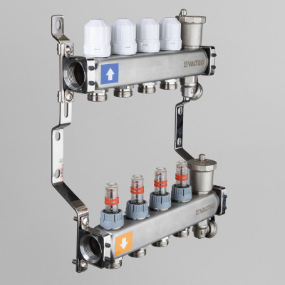 Коллекторный блок из нержавеющей стали Valtec 1", 6 x 3/4" евроконус с регулировочными клапанами и расходомерами VTc.579.EMNX.0606