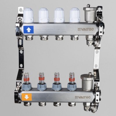 Коллекторный блок из нержавеющей стали Valtec 1", 6 x 3/4" евроконус с регулировочными клапанами и расходомерами VTc.579.EMNX.0606