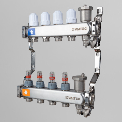 Коллекторный блок из нержавеющей стали Valtec 1", 6 x 3/4" евроконус с регулировочными клапанами и расходомерами VTc.579.EMNX.0606