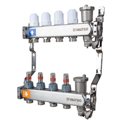 Коллекторный блок из нержавеющей стали Valtec 1", 6 x 3/4" евроконус с регулировочными клапанами и расходомерами VTc.579.EMNX.0606