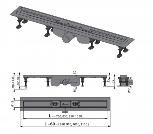 Душевой лоток Alcaplast Optima APZ12-750 с порогами для перфорированной решетки, с горизонтальным стоком, L 750 мм