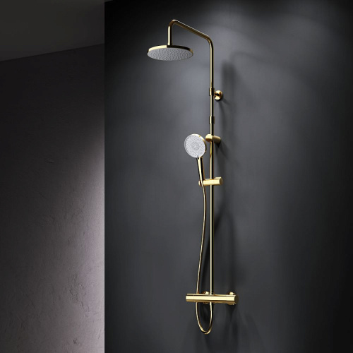 Душевая система Am.Pm X-Joy F0785A499 золото: смеситель с термостатом, стойка с верхним душем, ручной душ