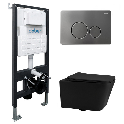 Комплект ABBER: подвесной унитаз Rechteck AC1201MB черный матовый, инсталляция AC0105, клавиша AC0121NG никель