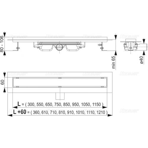 Душевой лоток Alcaplast Professional APZ106-300, с порогами для цельной решетки, с горизонтальным сливом, 300 мм