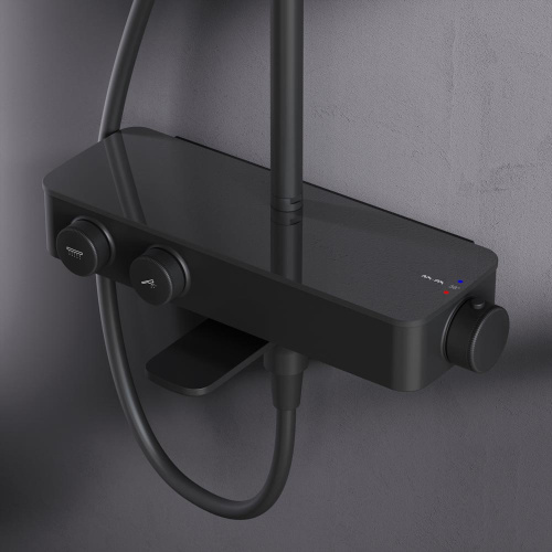 Душевая система Am.Pm Inspire V2.0 F0750A522 черный: смеситель полка с термостатом и изливом, стойка с верхним душем, ручной душ