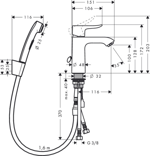 Смеситель для раковины Hansgrohe Metris 31285000 хром, гигиенический душ, сливной клапан Push-Open
