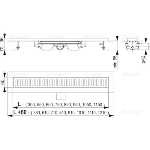 Душевой лоток Alcaplast APZ101-1150 LOW, с порогами, для перфорированной решетки, с горизонтальным стоком, L 1150мм