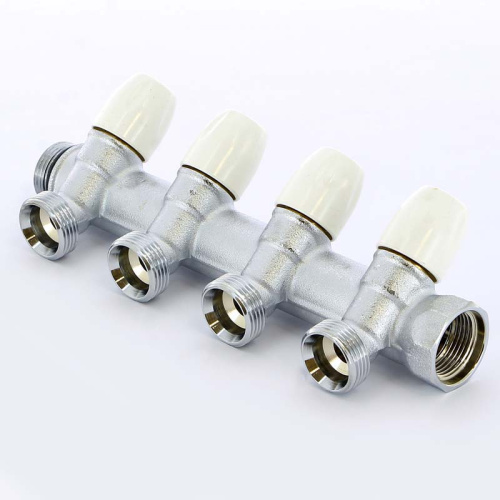 Коллектор 4 выхода Tiemme 3/4"x3/4"евроконус с вентилями, никелированый 1860015