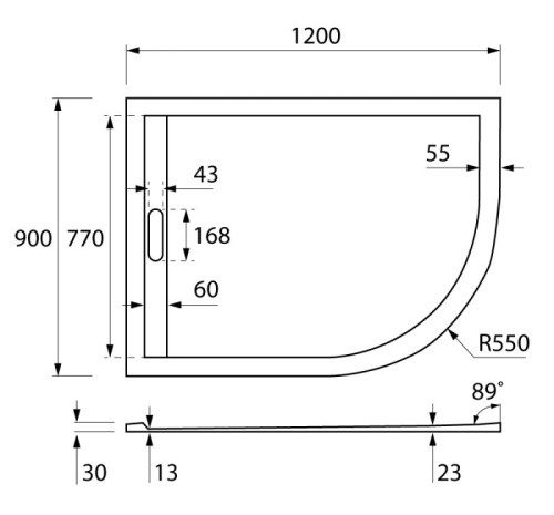 Душевой поддон 120x90 Cezares TRAY-AS-RH-120/90-550-30-W-L левый, асимметричный, литой мрамор