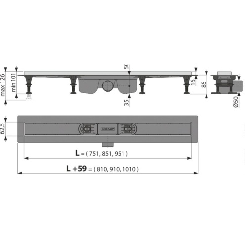 Душевой лоток Alcaplast Optima APZ22-950 с порогами из нержавеющей стали для перфорированной решетки или решетки под кладку плитки
