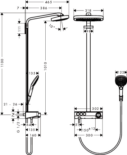 Душевая система с термостатом Hansgrohe Raindance Select E 300 3jet Showerpipe хром/белый 27127400