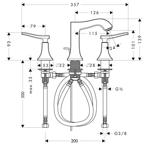 Смеситель для раковины Hansgrohe Metris Classic 31073000 хром, на 3 отверстия, донный клапан
