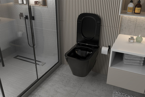 Комплект ABBER: подвесной унитаз Rechteck AC1201MB черный матовый, инсталляция AC0105, клавиша AC0121MW белая матовая