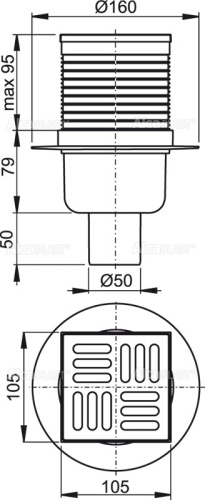 Сливной трап Alcaplast 105 × 105/50, подводка – прямая, решетка – нержавеющая сталь, гидрозатвор – комбинированный гидрозатвор SMART APV32