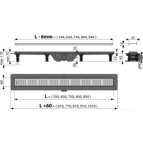 Душевой лоток Alcaplast Simple APZ8-550M, L 550 мм пластик, с решеткой из нержавеющей стали, матовый