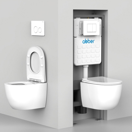 Комплект ABBER: унитаз Bequem AC1100T белый, инсталляция AC0105, клавиша AC0121NG никель