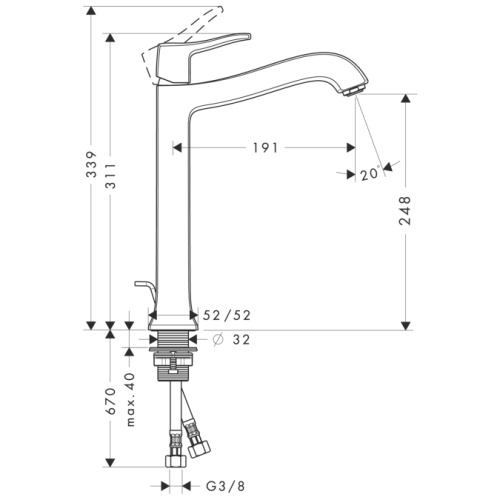 Смеситель для раковины Hansgrohe Metris Classic 31078000 хром, высокий, донный клапан
