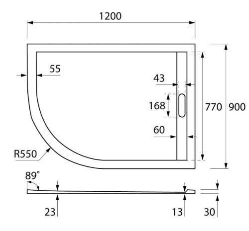 Душевой поддон 120x90 Cezares TRAY-AS-RH-120/90-550-30-W-L левый, асимметричный, литой мрамор