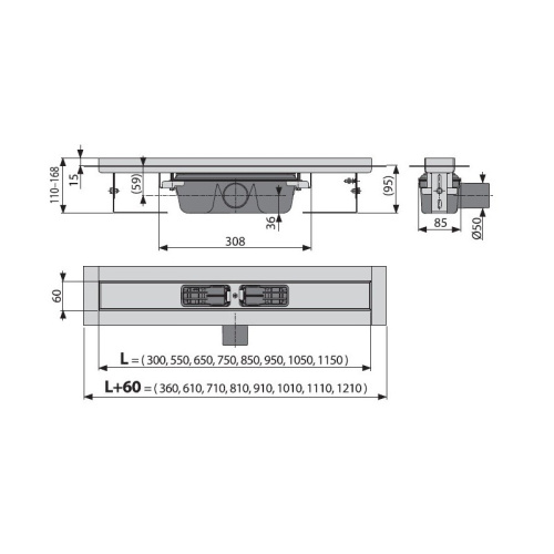 Душевой лоток Alcaplast APZ6-300 Professional, с порогами для цельной решетки, с горизонтальным сливом