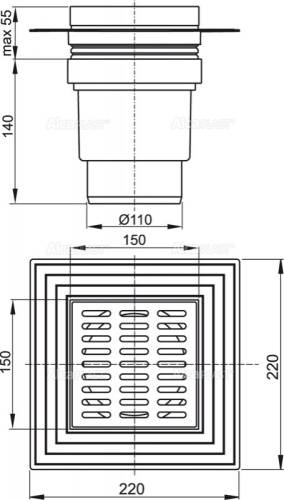Сливной трап Alcaplast 150 × 150/110, подводка – прямая, решетка – нержавеющая сталь, воротник – 2-х уровневая изоляция, гидрозатвор – мокрый APV13