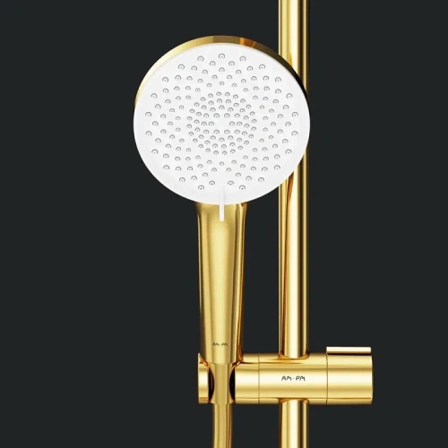 Душевая система Am.Pm X-Joy F0785A499 золото: смеситель с термостатом, стойка с верхним душем, ручной душ