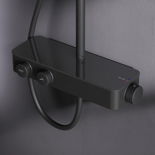 Душевая система Am.Pm Inspire V2.0 F0750A422 черный: смеситель полка с термостатом, стойка с верхним душем, ручной душ