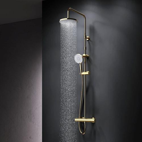 Душевая система Am.Pm X-Joy F0785A499 золото: смеситель с термостатом, стойка с верхним душем, ручной душ
