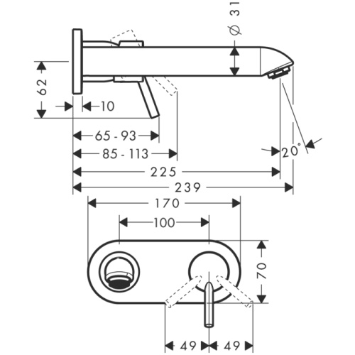 Смеситель для раковины Hansgrohe Talis S2 31611000 , нстенный, излив 225 мм