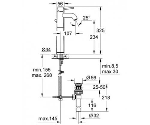 Смеситель для раковины Grohe Bau Classic 32868000 хром, донный клапан, высокий излив