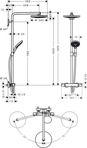 Душевая система с термостатом Hansgrohe Raindance Select S 240 2jet Showerpipe хром/белый 27129400